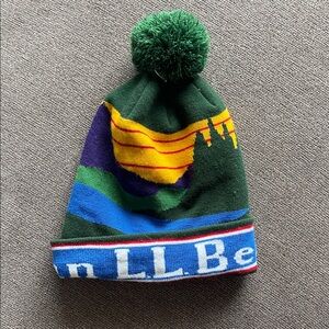 LL BeanGreen Pom Pom Beanie Hat with Blue Trim